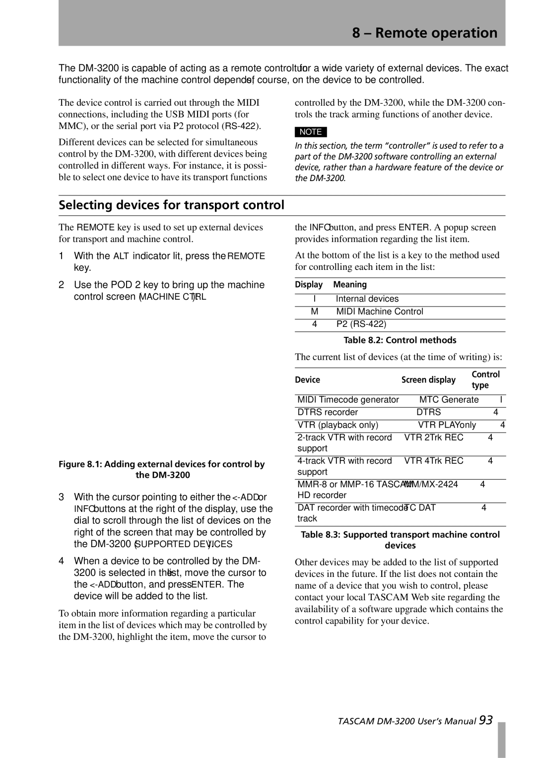 Tascam DM-3200 owner manual Remote operation, Selecting devices for transport control 