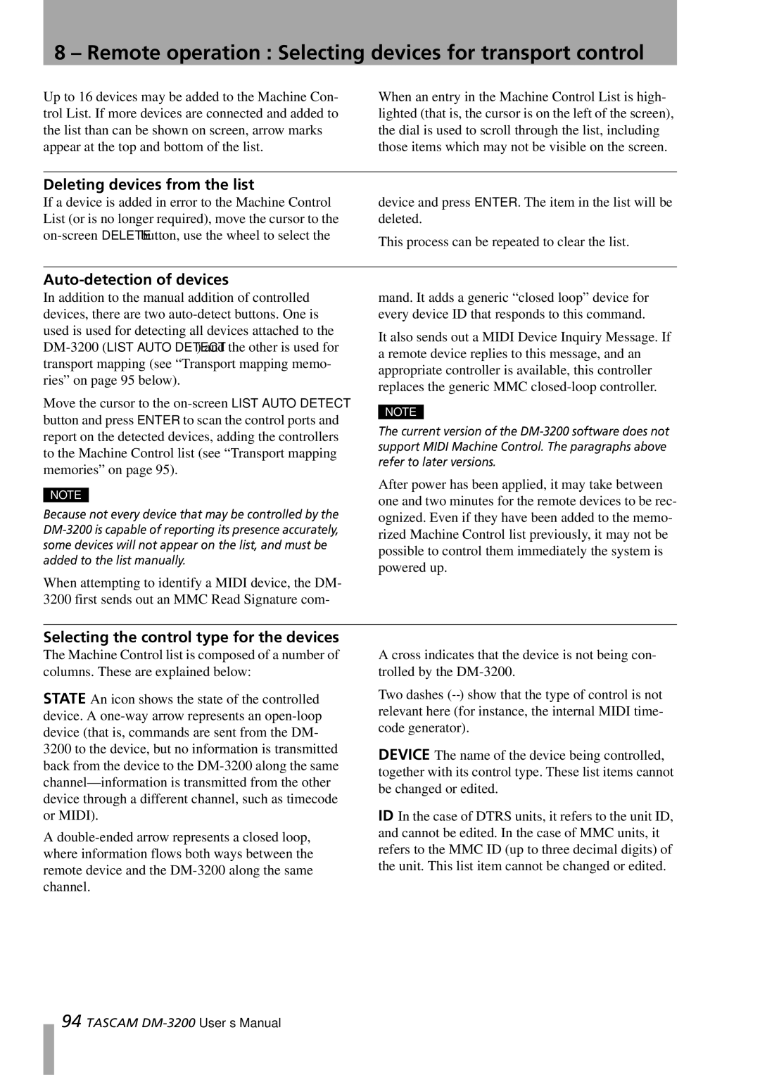 Tascam DM-3200 owner manual Remote operation Selecting devices for transport control, Deleting devices from the list 