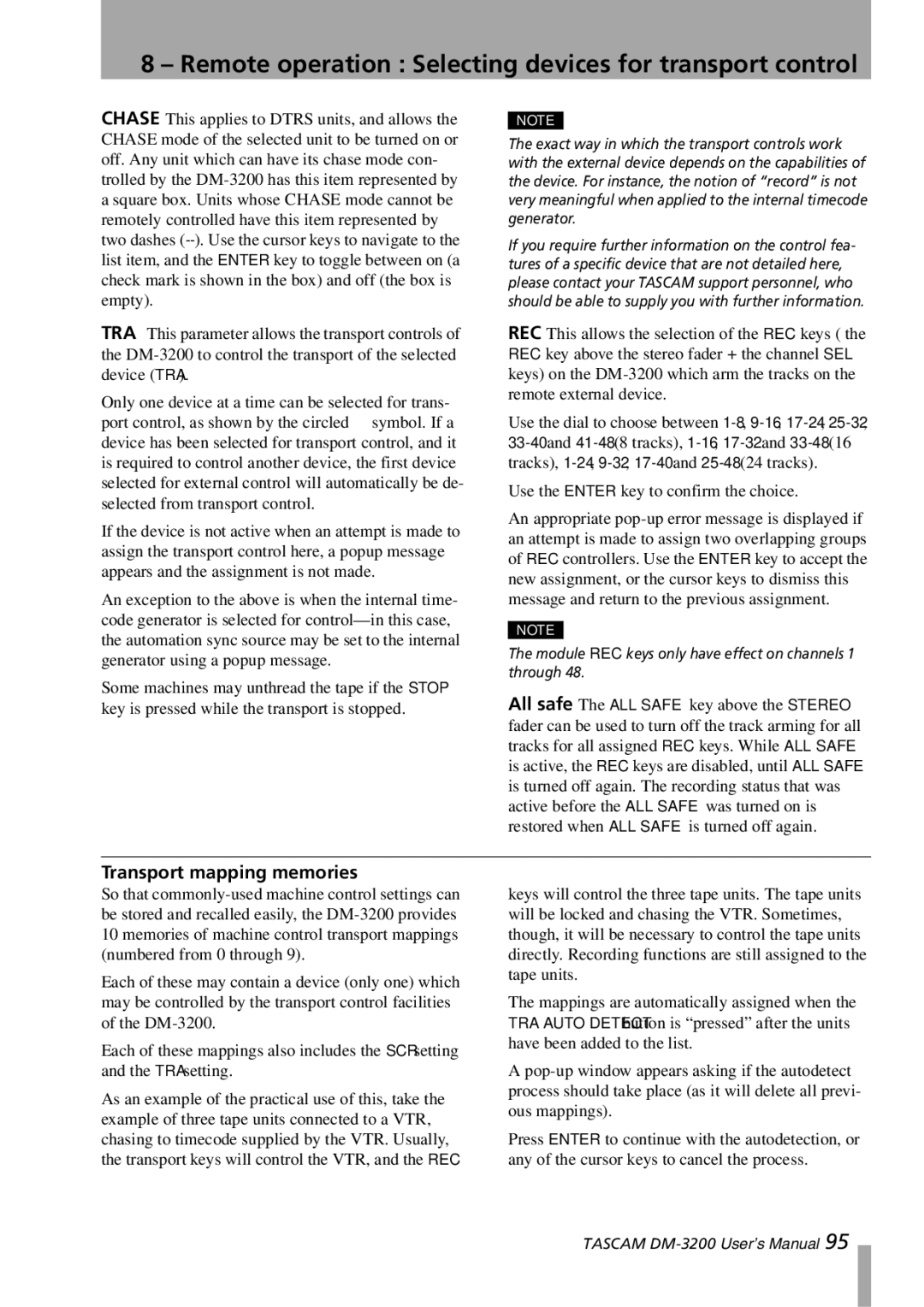 Tascam DM-3200 owner manual Transport mapping memories 