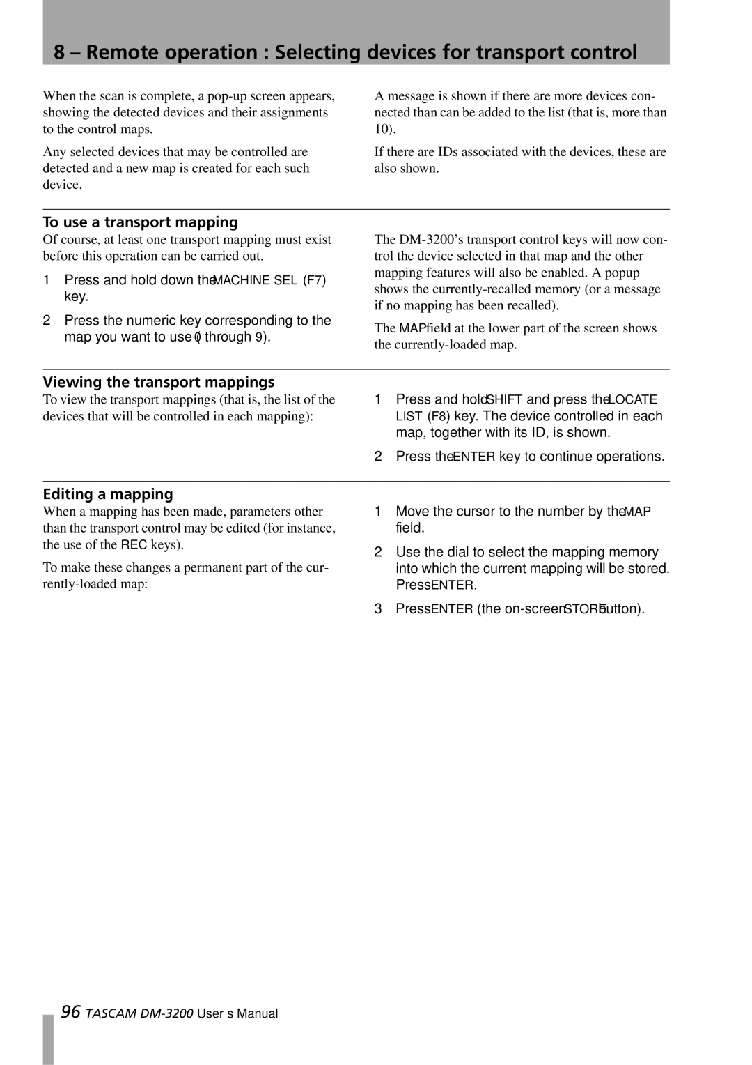 Tascam DM-3200 owner manual To use a transport mapping, Viewing the transport mappings, Editing a mapping 