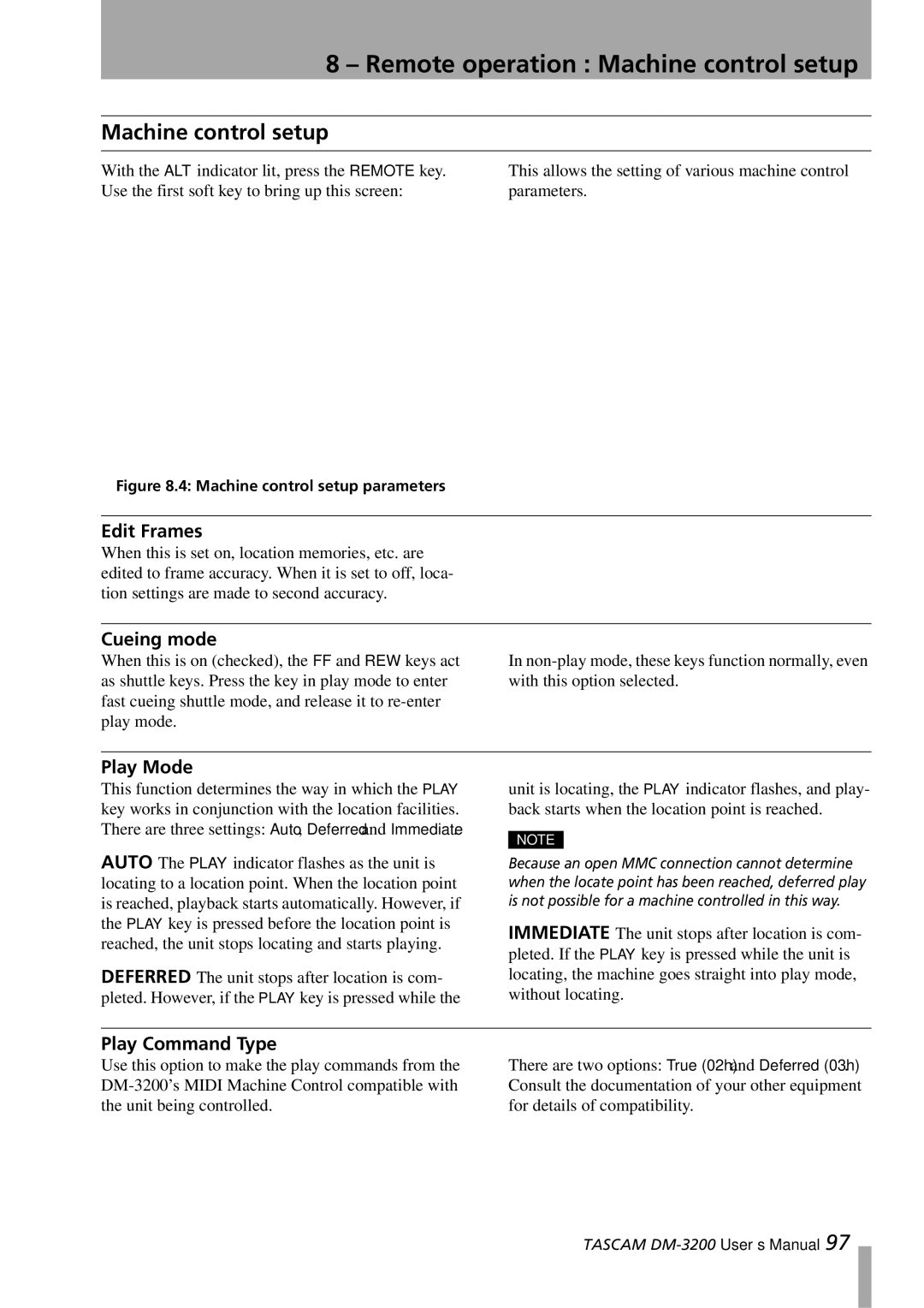 Tascam DM-3200 owner manual Remote operation Machine control setup 