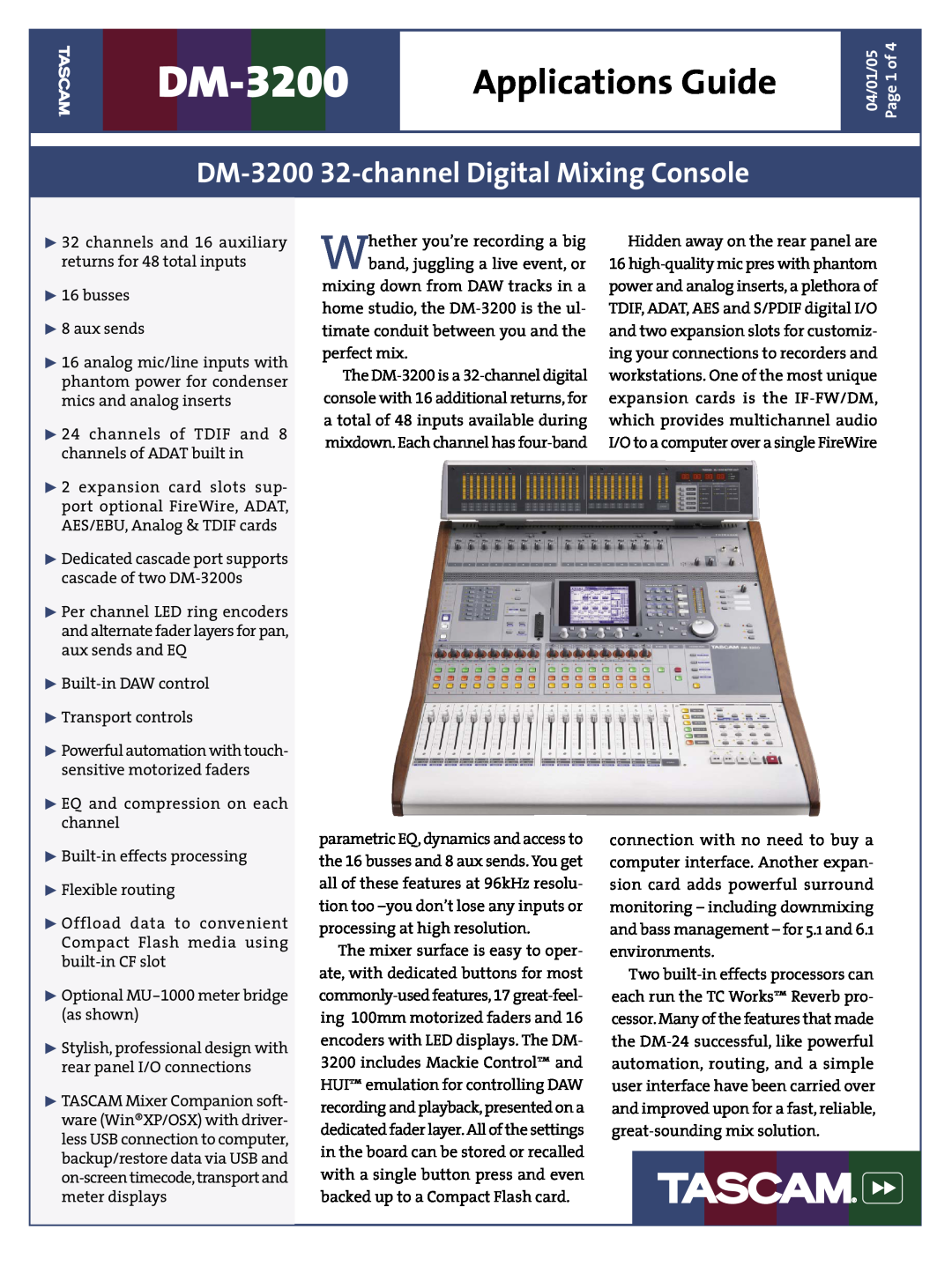 Tascam manual Applications Guide, DM-3200 32-channel Digital Mixing Console 