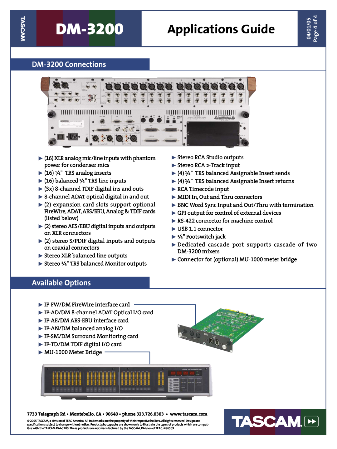 Tascam manual DM-3200 Connections, Available Options, Applications Guide 