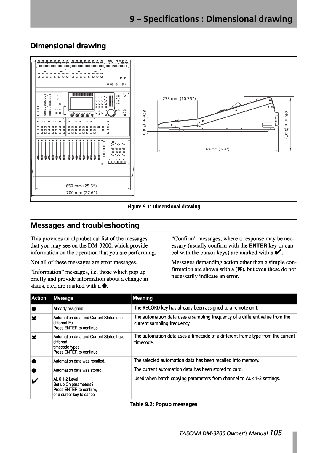 Tascam DM-3200 owner manual 9 – Specifications : Dimensional drawing, Messages and troubleshooting 