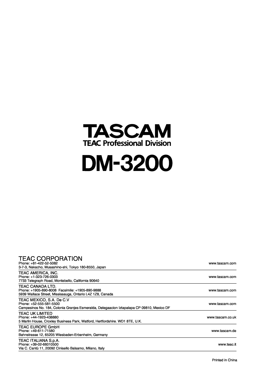 Tascam DM-3200 owner manual Teac Corporation, Teac America, Inc, Teac Canada Ltd, TEAC MEXICO, S.A. De C.V, Teac Uk Limited 