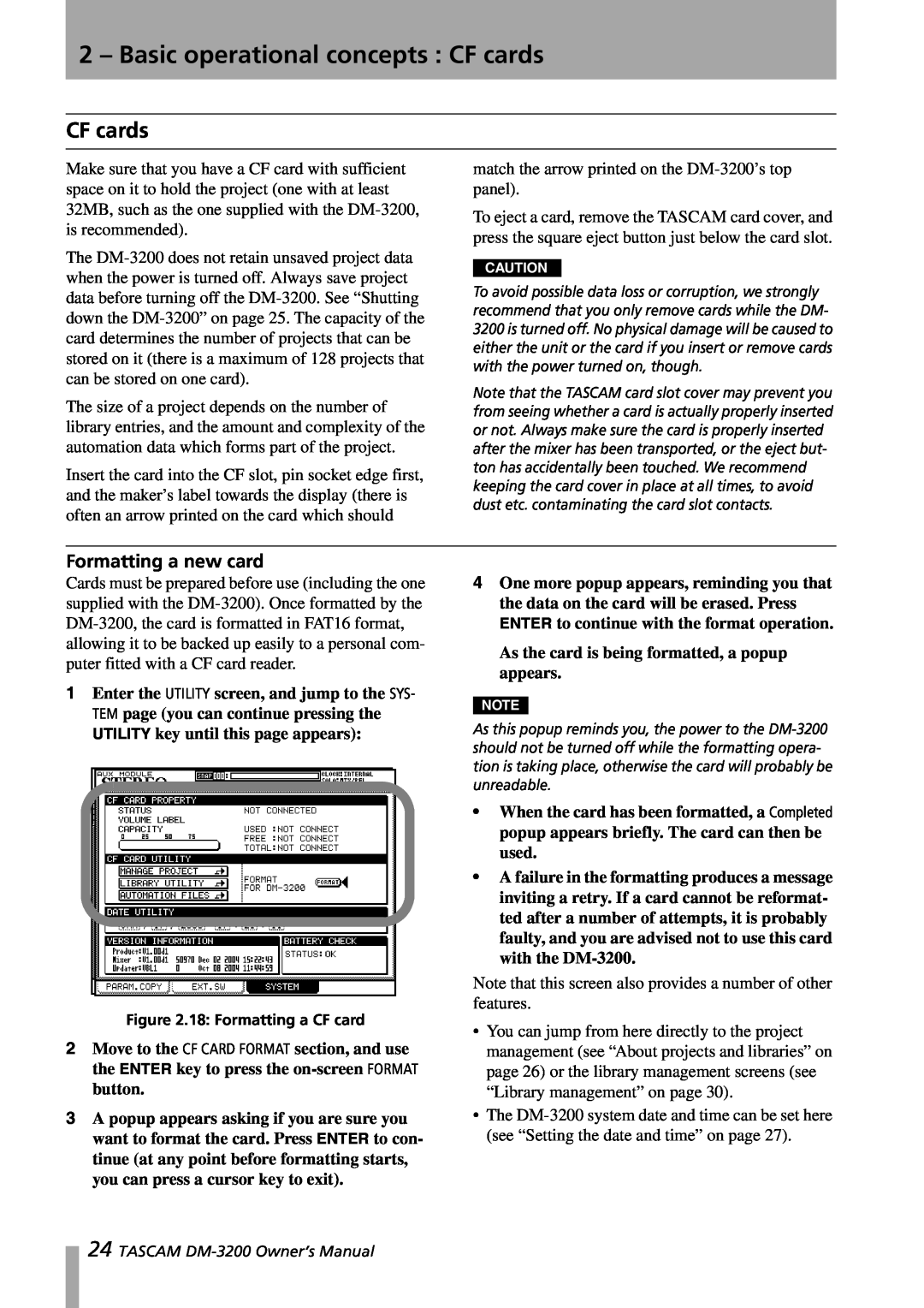Tascam DM-3200 owner manual 2 – Basic operational concepts : CF cards, Formatting a new card 