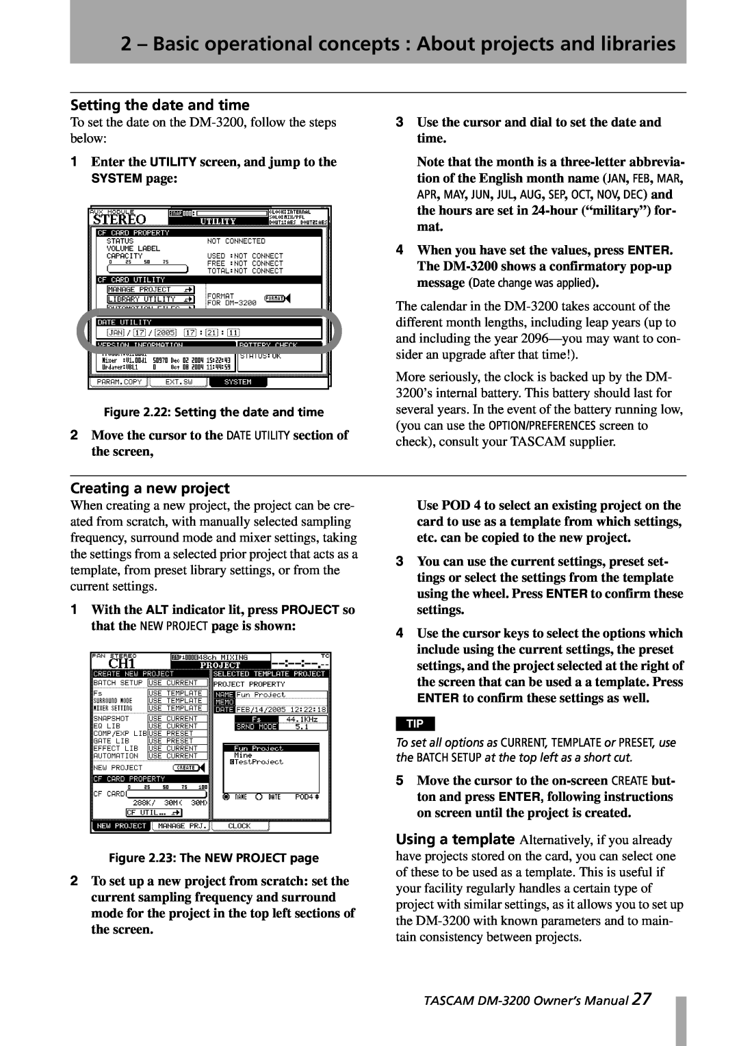 Tascam DM-3200 owner manual Setting the date and time, Creating a new project 