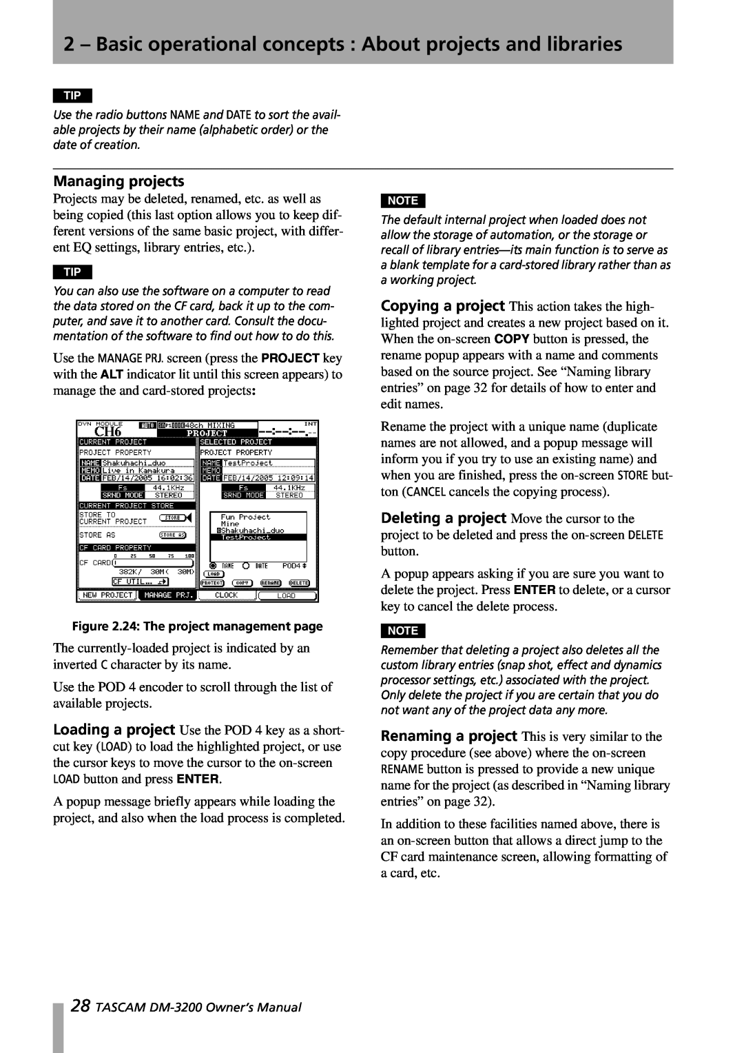 Tascam DM-3200 owner manual Managing projects, 24: The project management page 