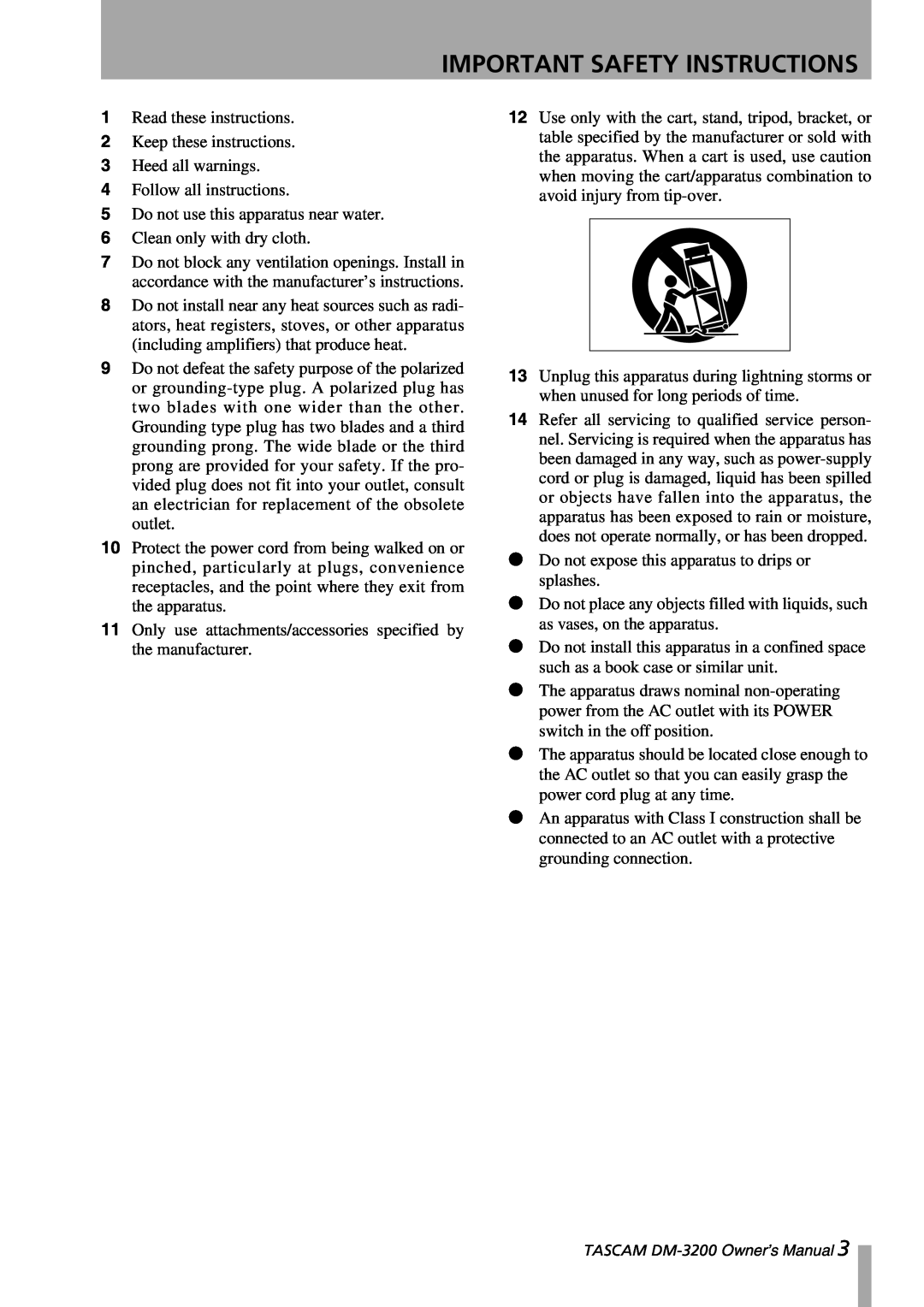 Tascam DM-3200 owner manual Important Safety Instructions 