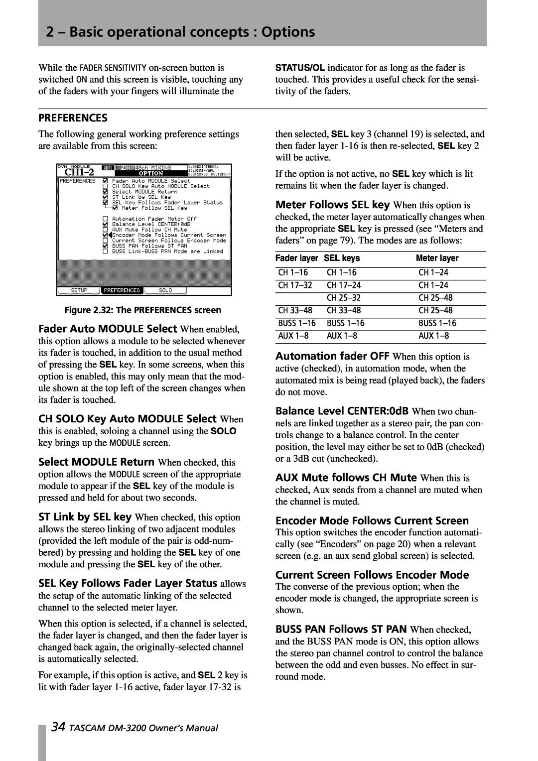 Tascam DM-3200 owner manual Preferences, Encoder Mode Follows Current Screen, Current Screen Follows Encoder Mode, SEL keys 