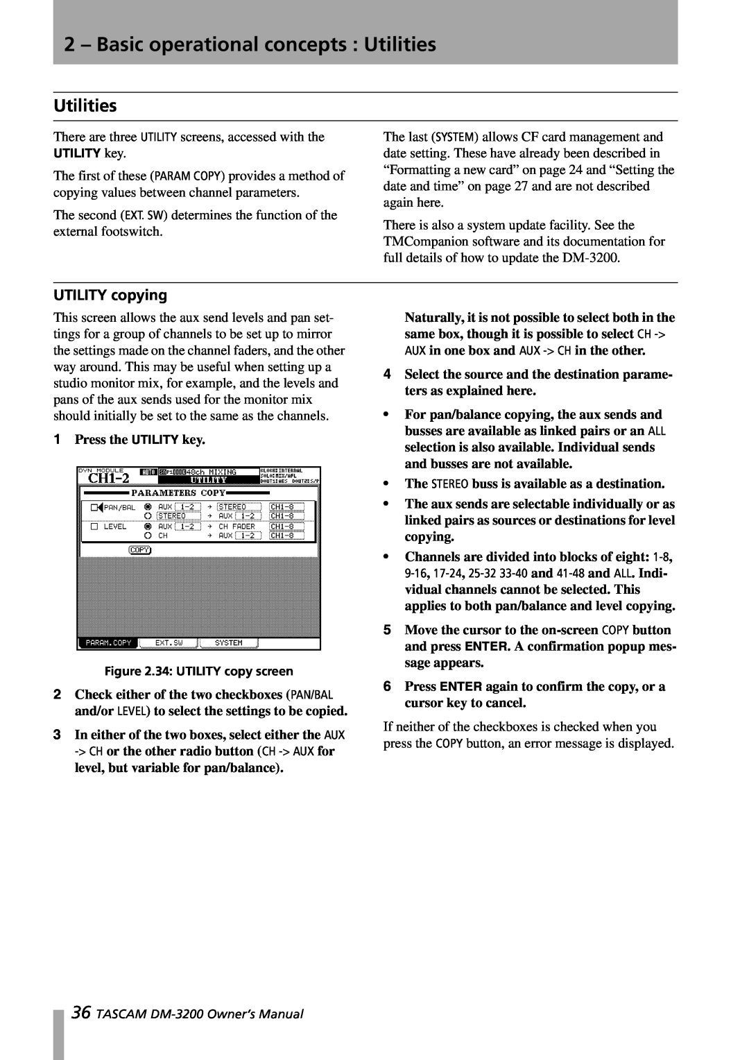 Tascam DM-3200 owner manual 2 – Basic operational concepts : Utilities, UTILITY copying 