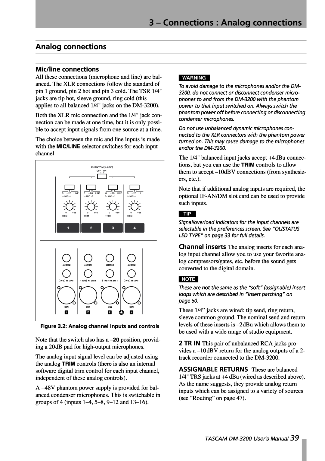 Tascam DM-3200 owner manual 3 – Connections : Analog connections, Mic/line connections 