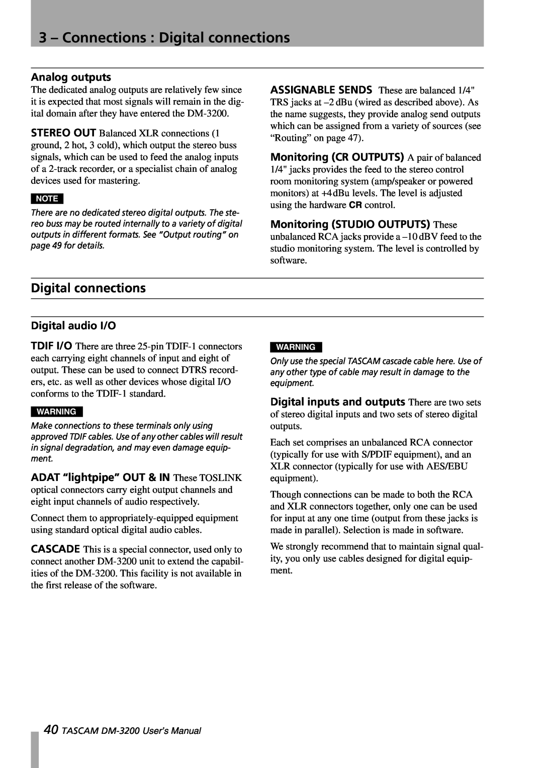 Tascam DM-3200 owner manual 3 – Connections : Digital connections, Analog outputs, Digital audio I/O 