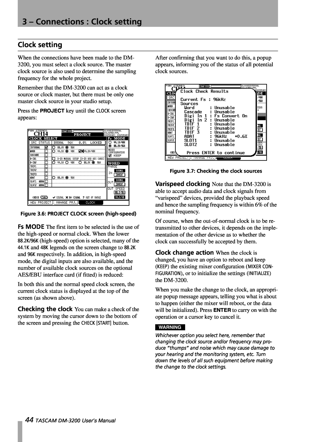 Tascam DM-3200 owner manual 3 – Connections : Clock setting 