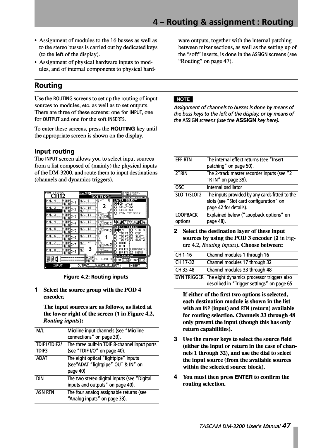 Tascam DM-3200 owner manual 4 – Routing & assignment : Routing, Input routing 