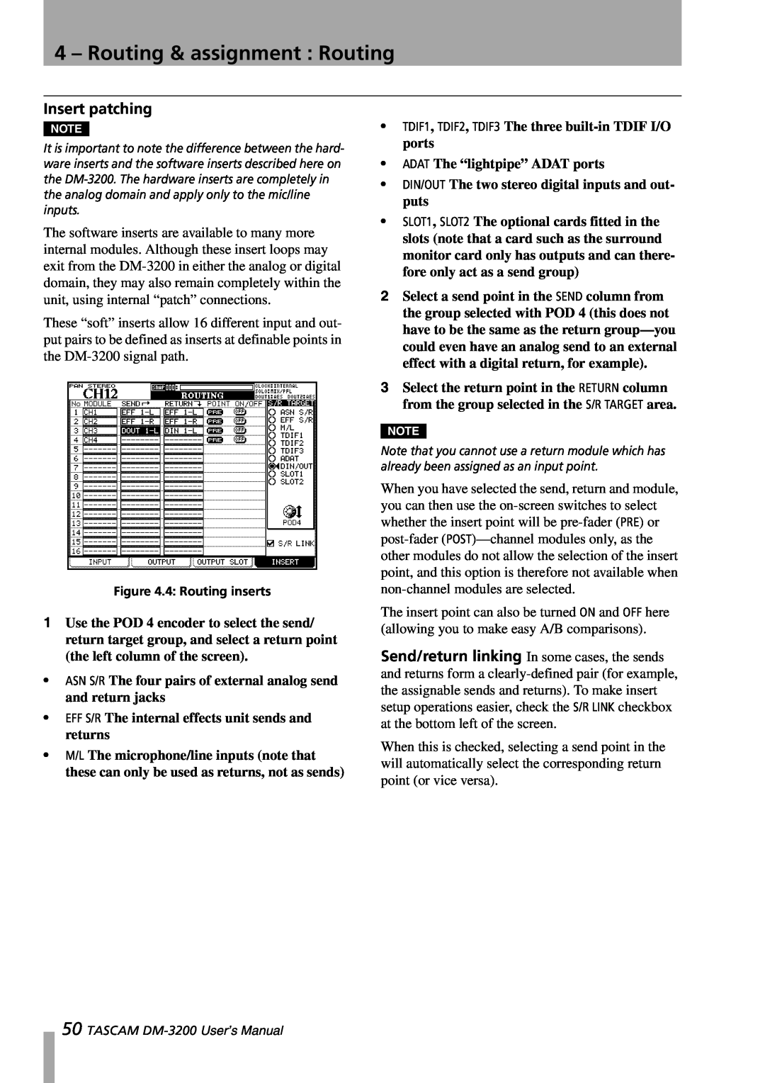Tascam DM-3200 owner manual Insert patching, 4 – Routing & assignment : Routing 