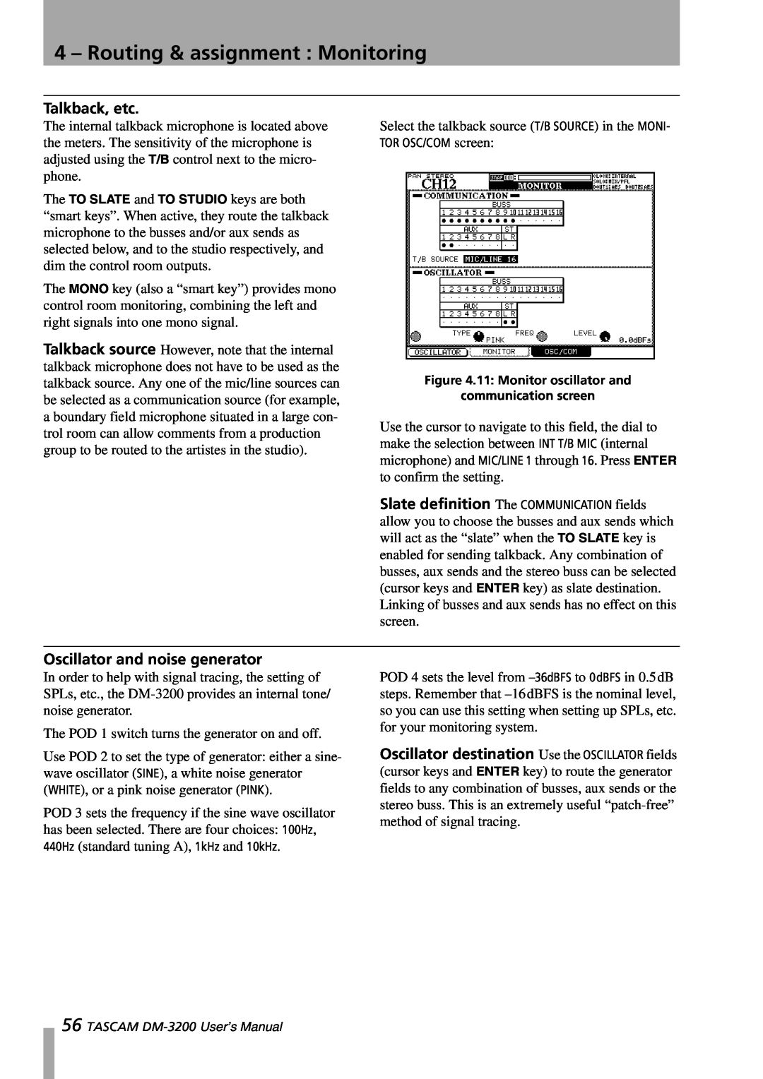 Tascam DM-3200 owner manual Talkback, etc, Oscillator and noise generator, 4 – Routing & assignment : Monitoring 