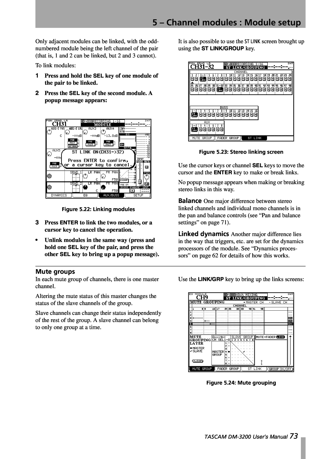 Tascam DM-3200 owner manual Mute groups, 5 – Channel modules : Module setup 