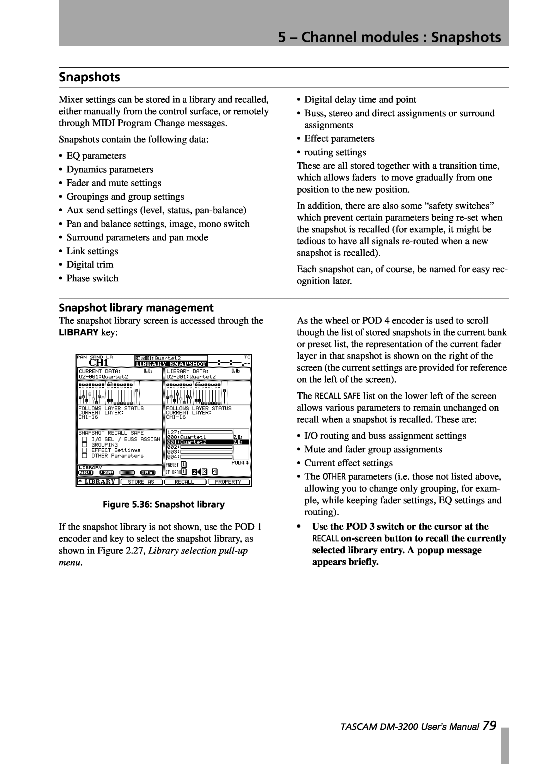 Tascam DM-3200 owner manual 5 – Channel modules : Snapshots, Snapshot library management 