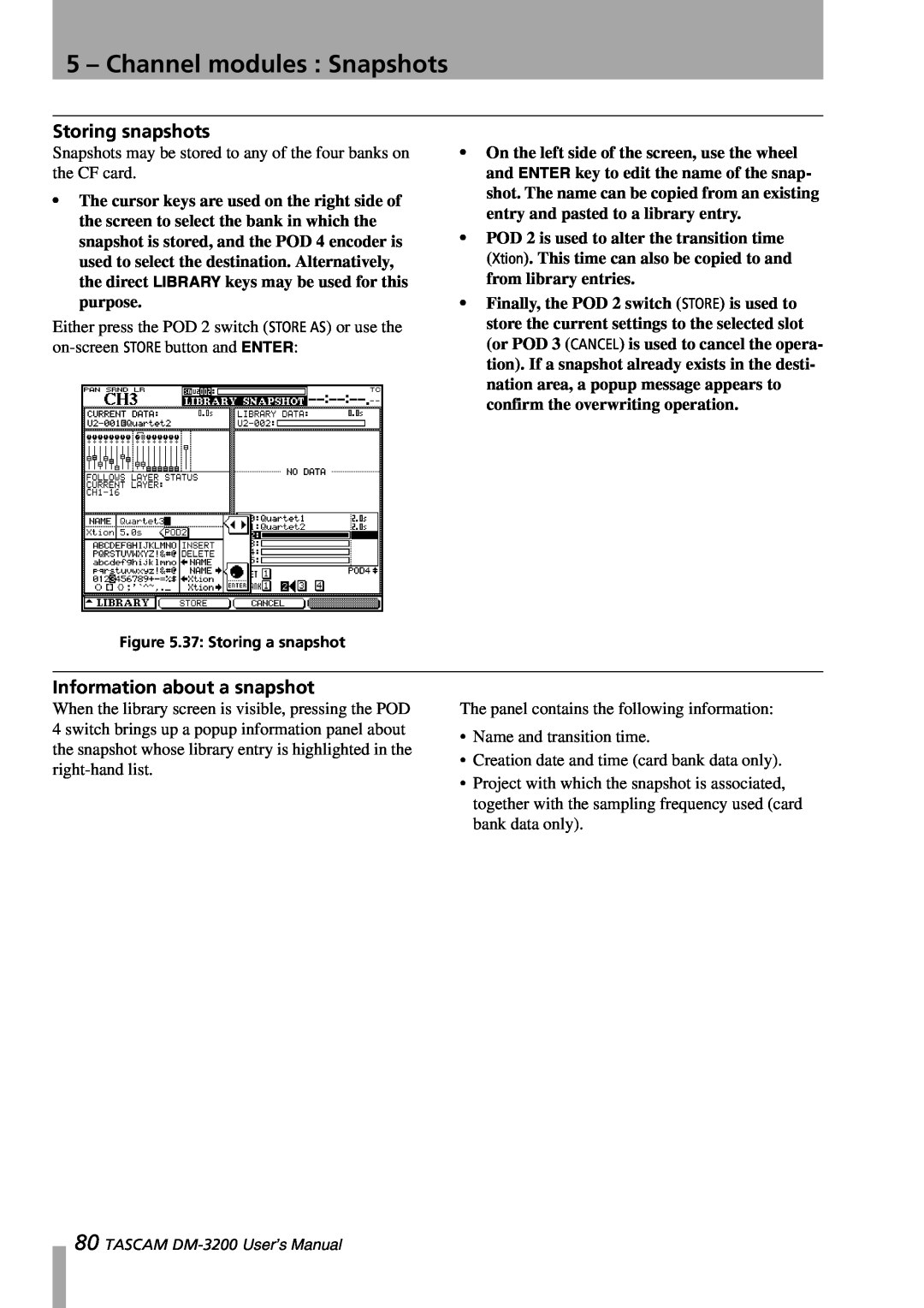 Tascam DM-3200 owner manual Storing snapshots, Information about a snapshot, 5 – Channel modules : Snapshots 