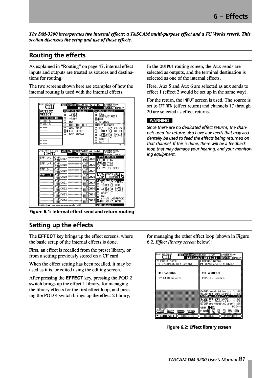 Tascam DM-3200 owner manual 6 – Effects, Routing the effects, Setting up the effects 