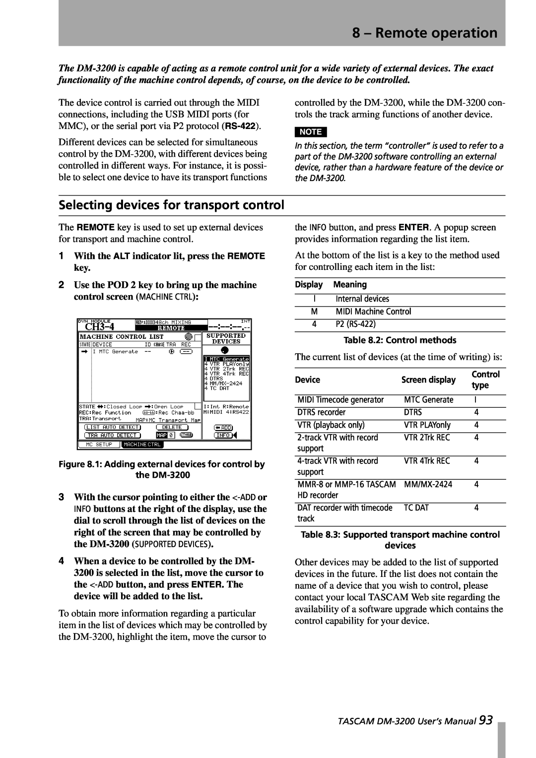 Tascam DM-3200 owner manual 8 – Remote operation, Selecting devices for transport control 