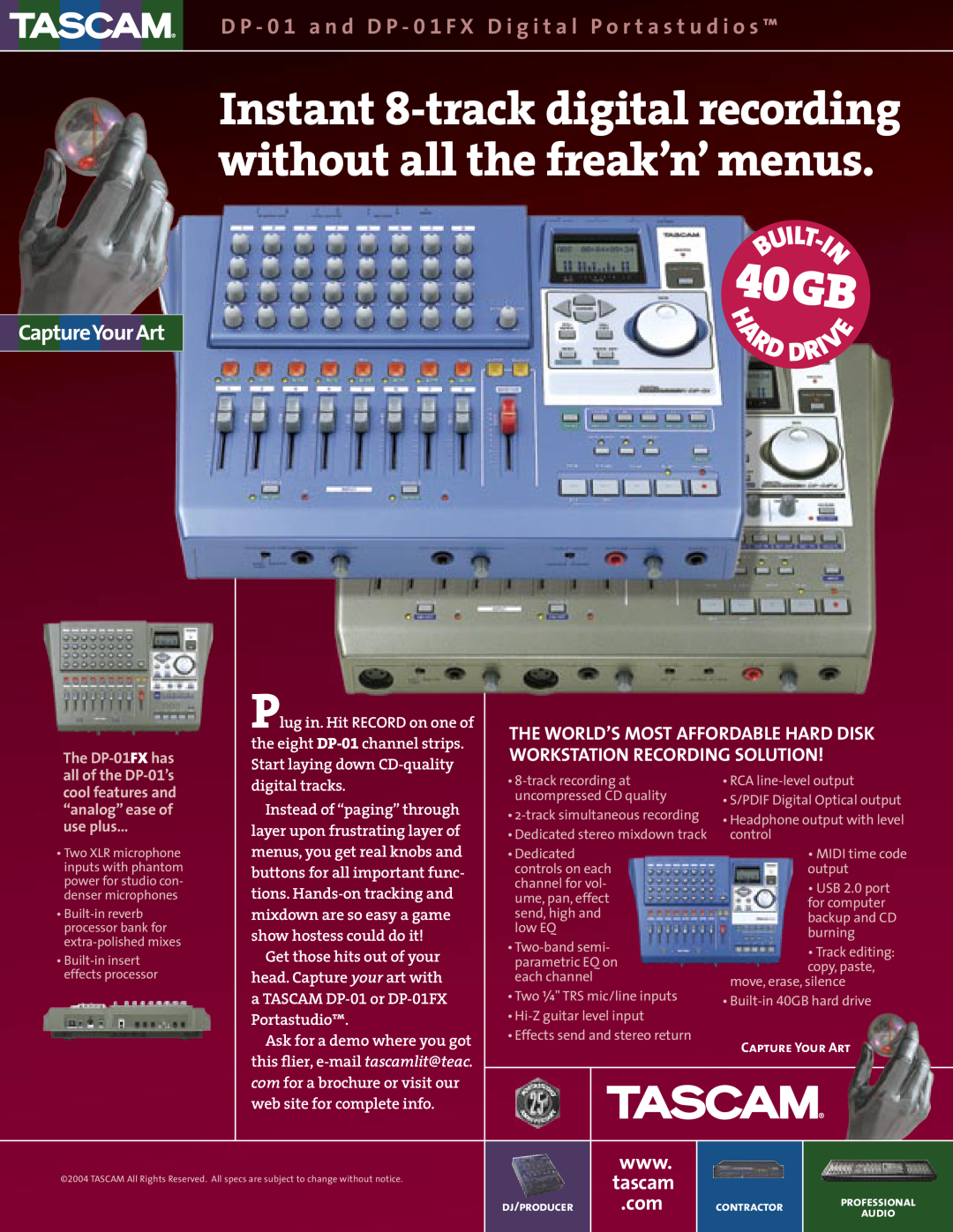 Tascam DP-01FX brochure Instant 8-track digital recording without all the freak’n’ menus, CaptureYourArt, tascam, audio 