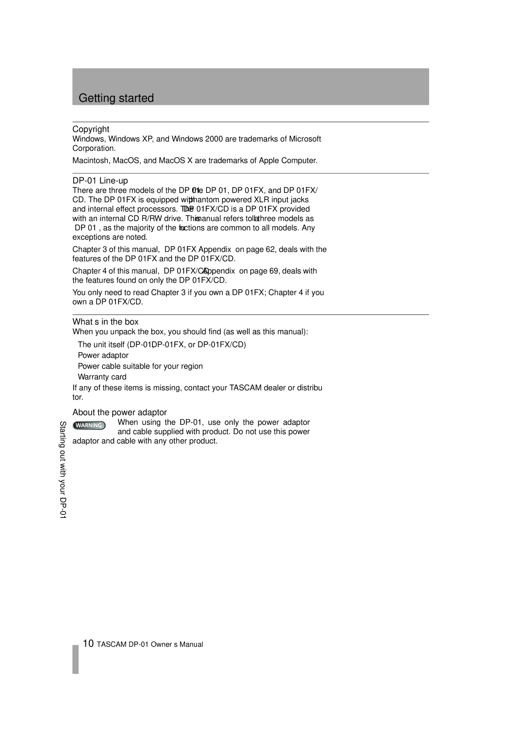 Tascam DP-01FX/CD, D00871320A Getting started, Copyright, DP-01 Line-up, What’s in the box, About the power adaptor 