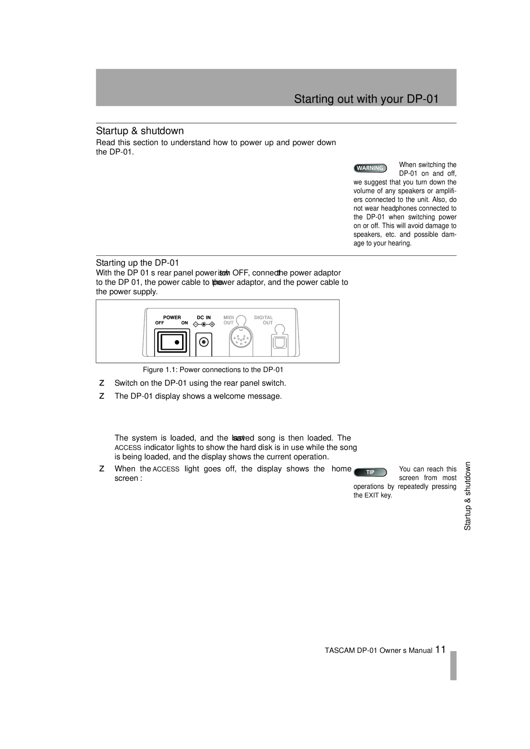 Tascam D00871320A, DP-01FX/CD owner manual Startup & shutdown, Starting up the DP-01 