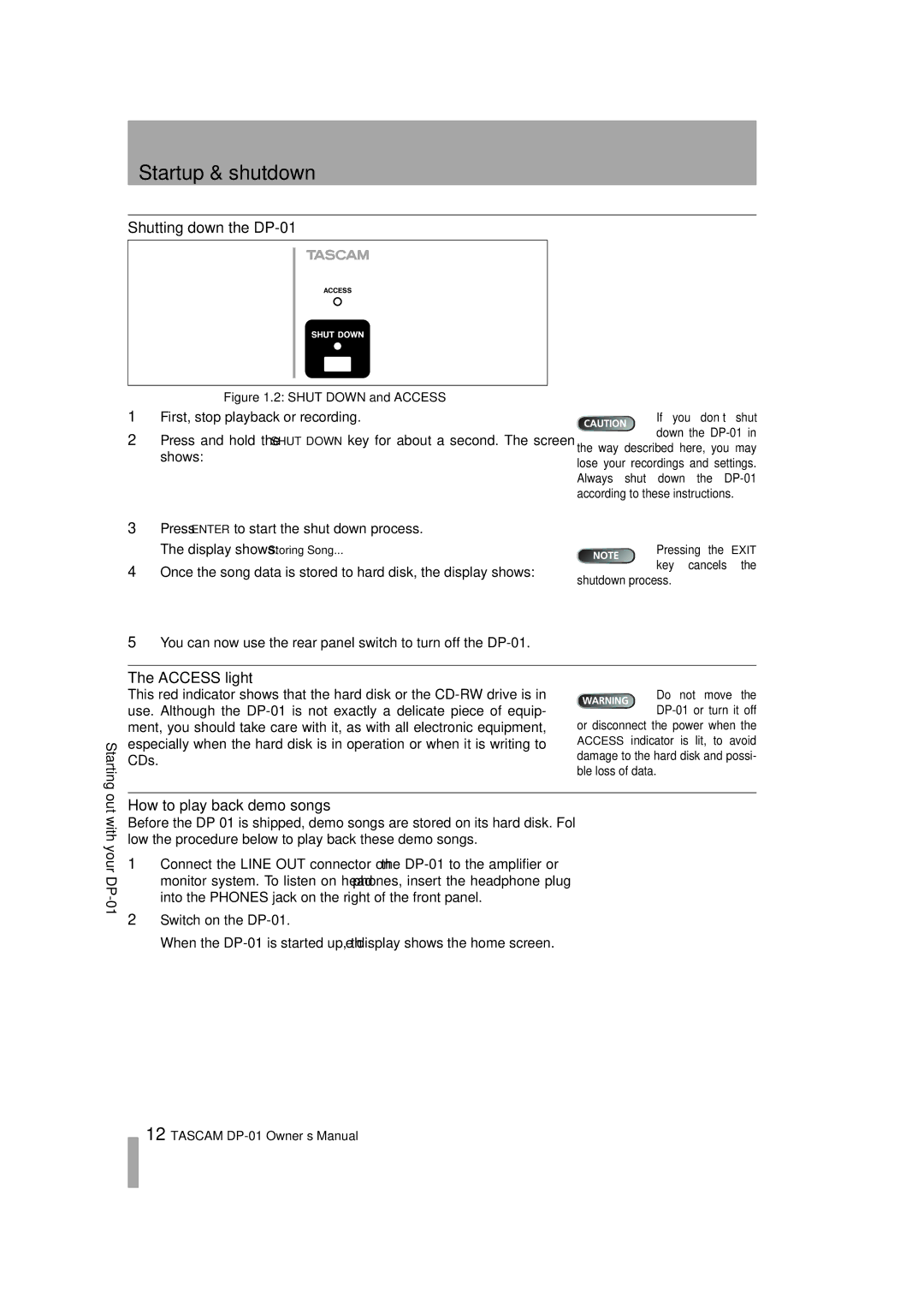 Tascam DP-01FX/CD, D00871320A Startup & shutdown, Shutting down the DP-01, Access light, How to play back demo songs 