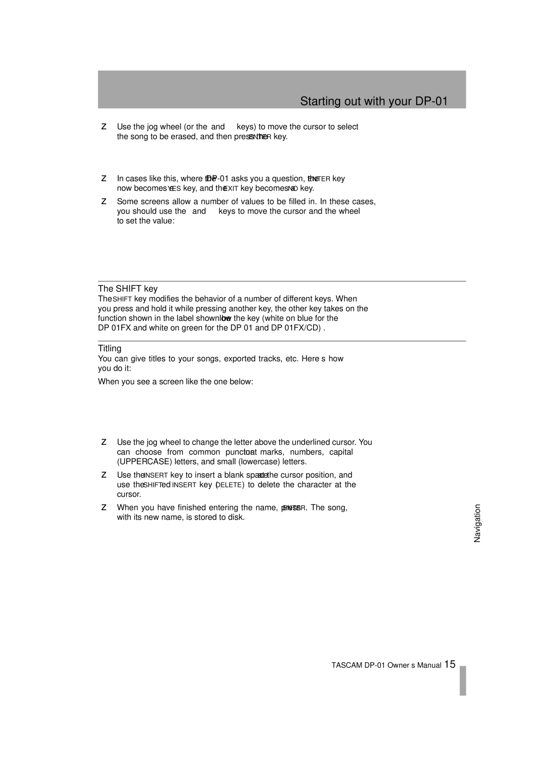 Tascam D00871320A, DP-01FX/CD owner manual Shift key, Titling 