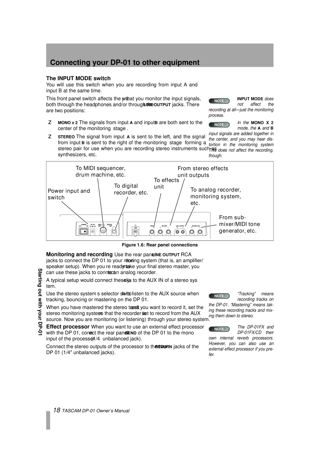 Tascam DP-01FX/CD, D00871320A owner manual Input Mode switch, Rear panel connections 