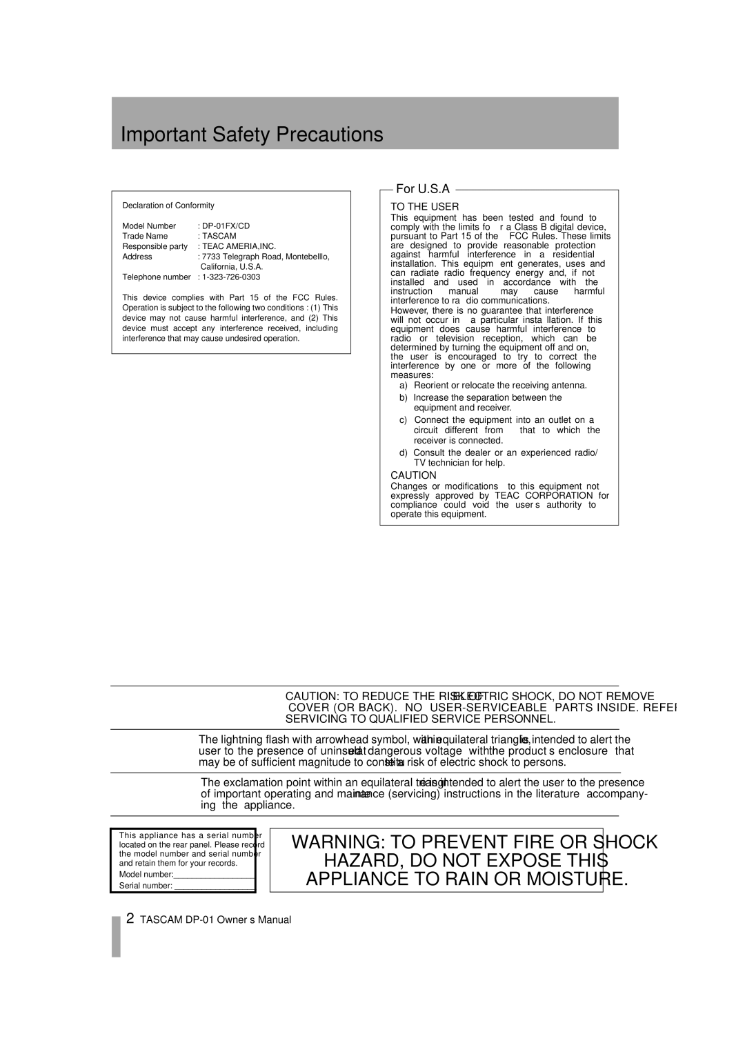 Tascam DP-01FX/CD, D00871320A owner manual Important Safety Precautions 