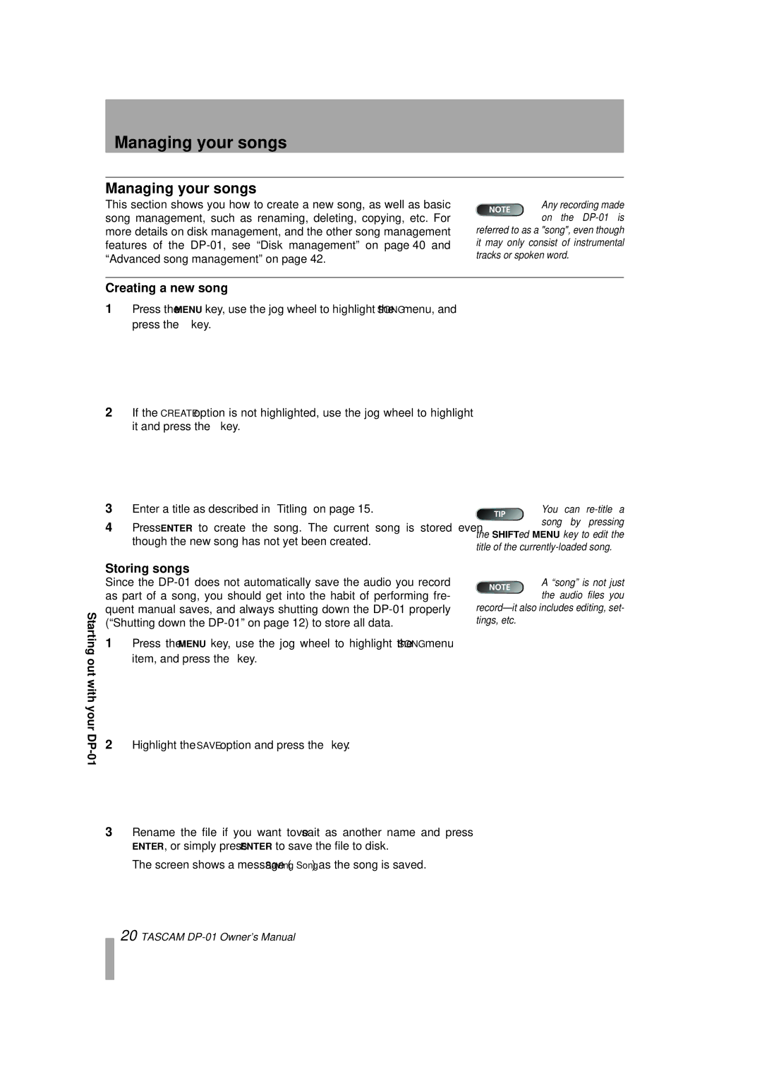 Tascam DP-01FX/CD, D00871320A owner manual Managing your songs, Creating a new song, Storing songs 