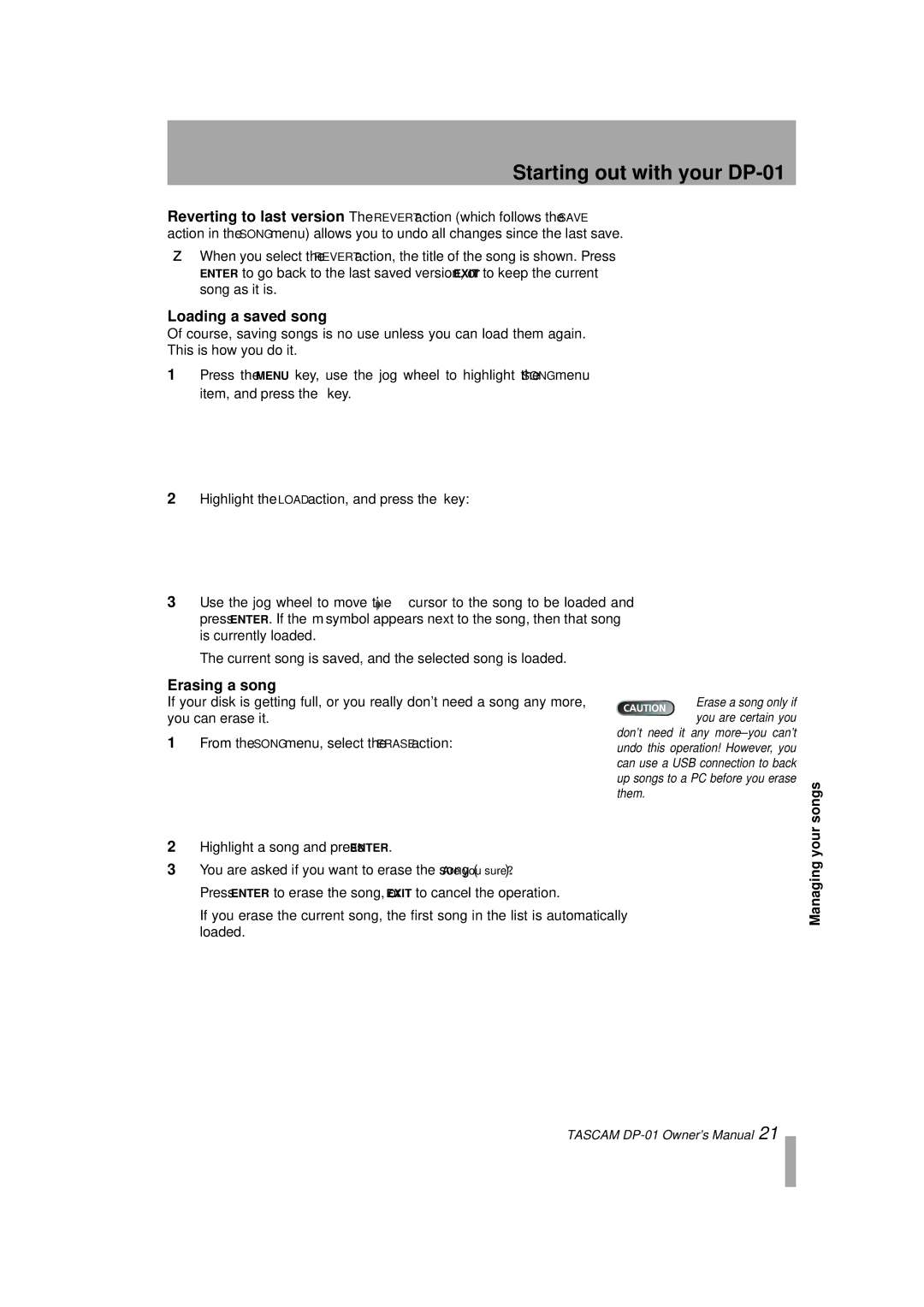 Tascam D00871320A, DP-01FX/CD owner manual Loading a saved song, Erasing a song 