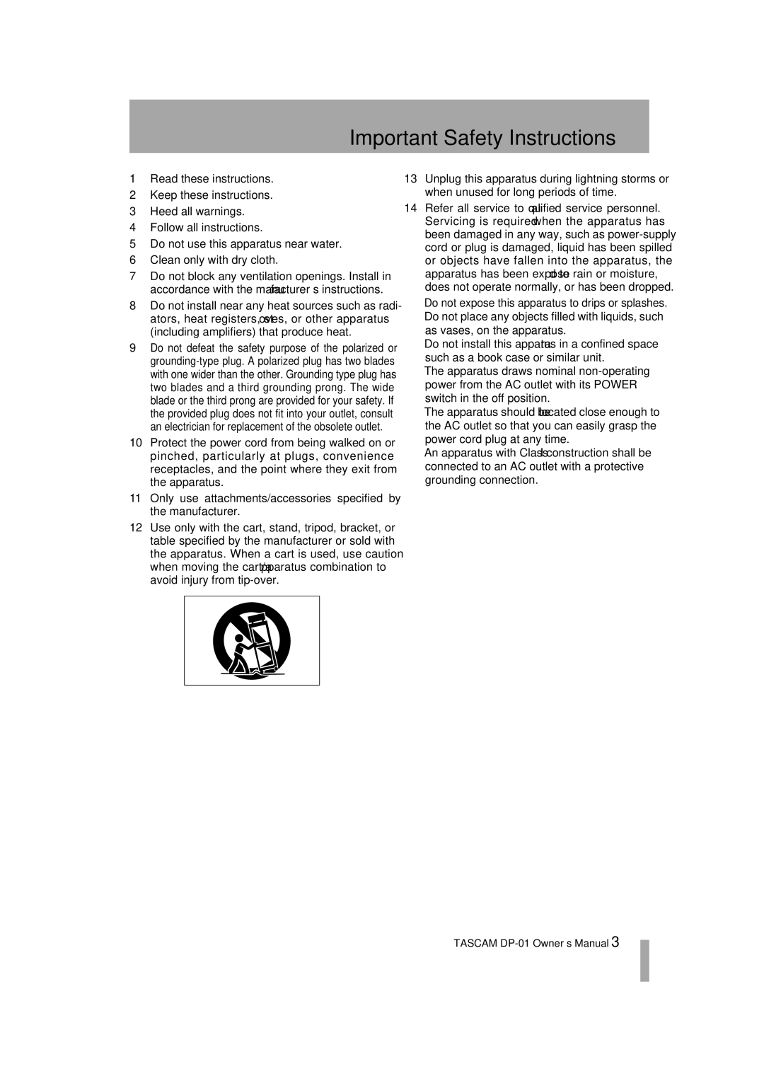 Tascam D00871320A, DP-01FX/CD owner manual Important Safety Instructions 