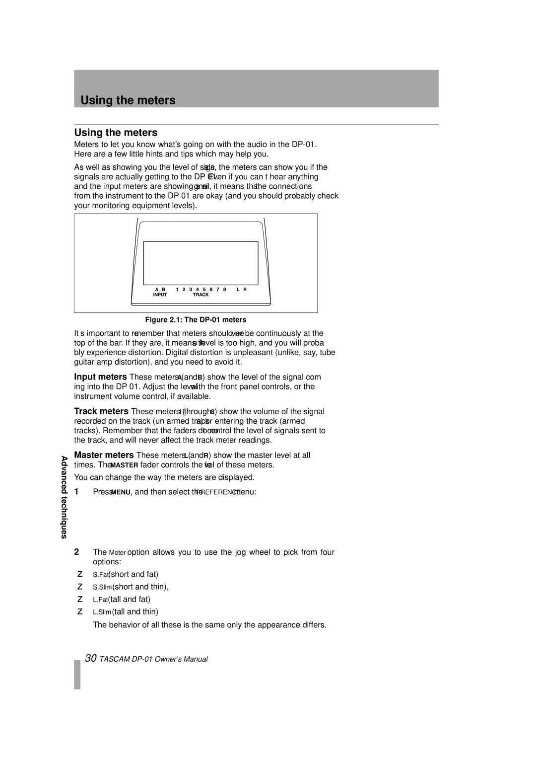 Tascam DP-01FX/CD, D00871320A owner manual Using the meters 