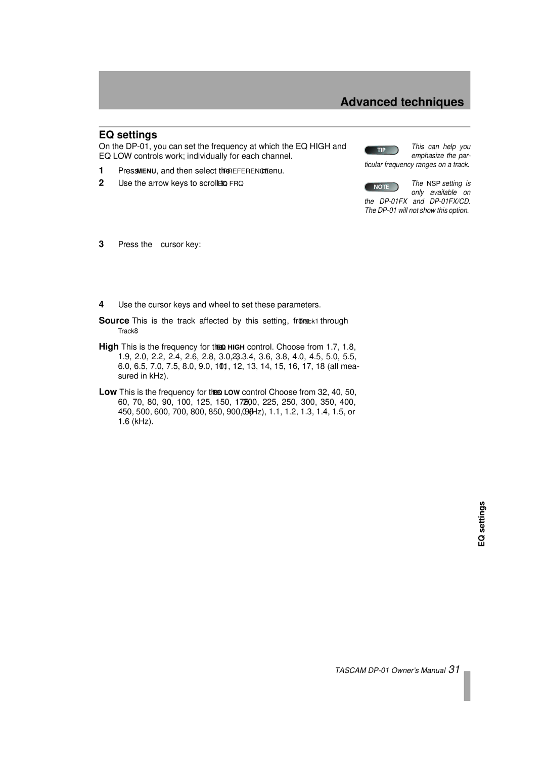 Tascam D00871320A, DP-01FX/CD owner manual EQ settings, Press Cursor key 