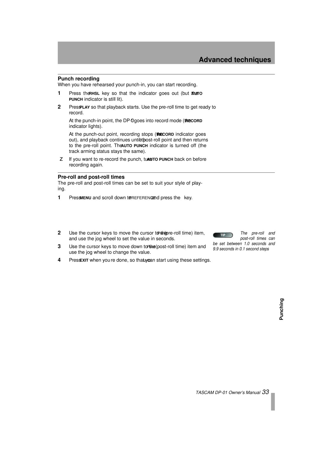 Tascam D00871320A, DP-01FX/CD owner manual Punch recording, Pre-roll and post-roll times 