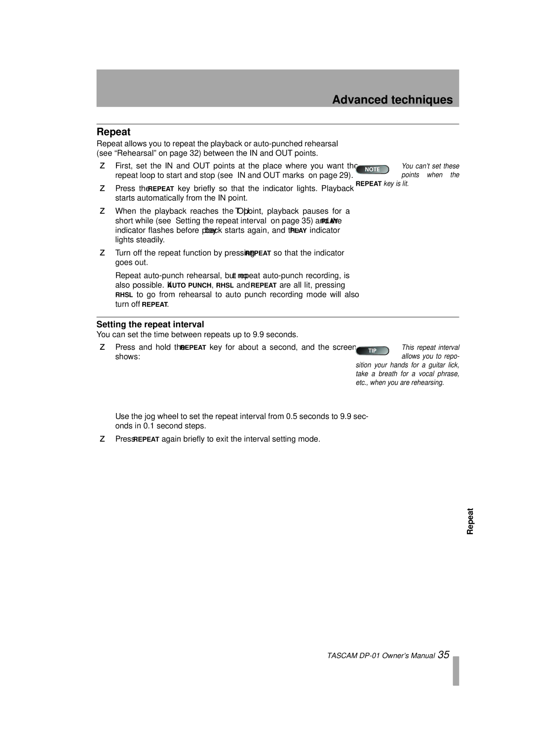 Tascam D00871320A, DP-01FX/CD owner manual Repeat, Setting the repeat interval 