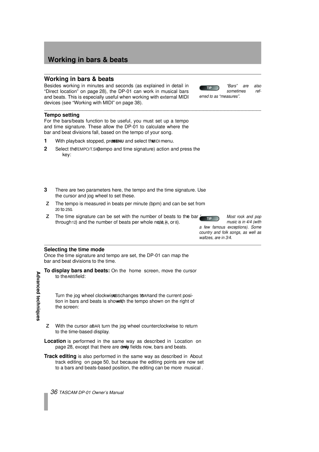 Tascam DP-01FX/CD, D00871320A owner manual Working in bars & beats, Tempo setting, Selecting the time mode 