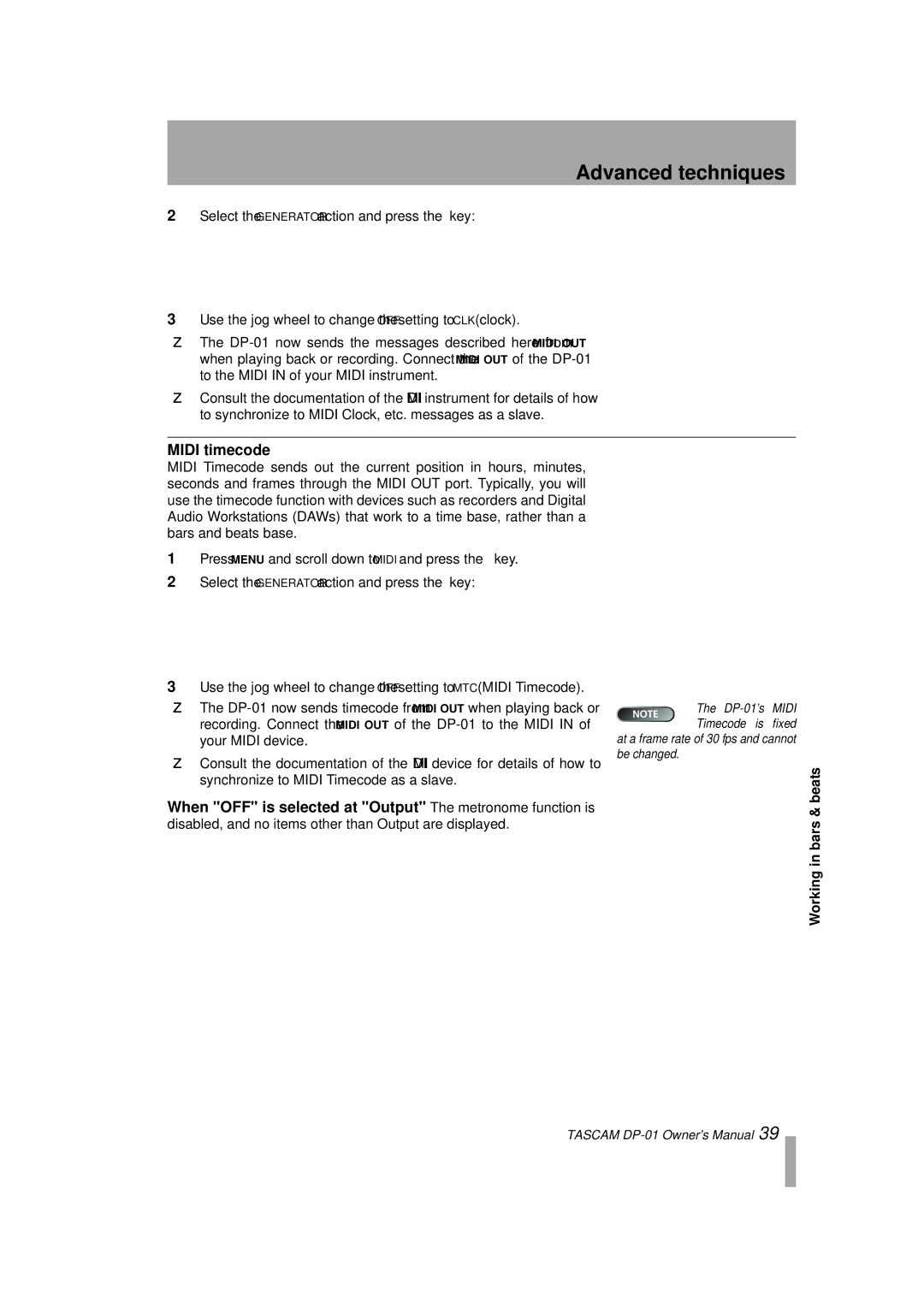 Tascam D00871320A, DP-01FX/CD owner manual Midi timecode, Key 