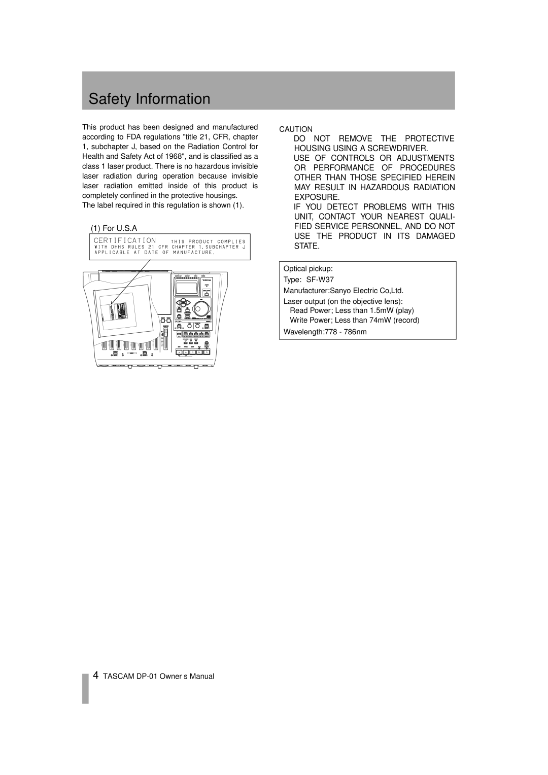 Tascam DP-01FX/CD, D00871320A owner manual Safety Information 