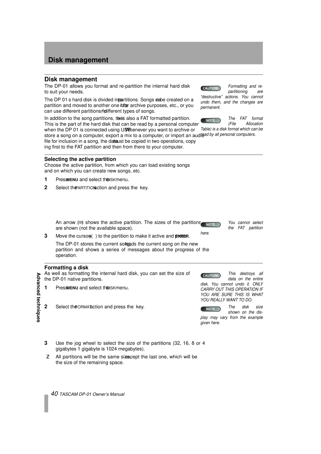 Tascam DP-01FX/CD Disk management, Selecting the active partition, Formatting a disk, Press Menu and select the Disk menu 