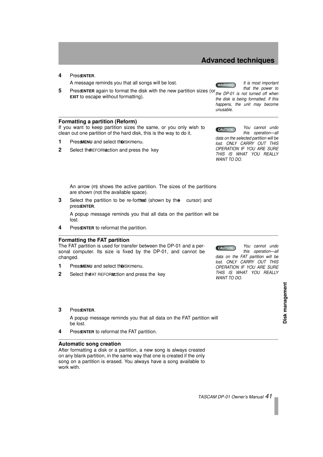 Tascam D00871320A, DP-01FX/CD Formatting a partition Reform, Formatting the FAT partition, Automatic song creation 