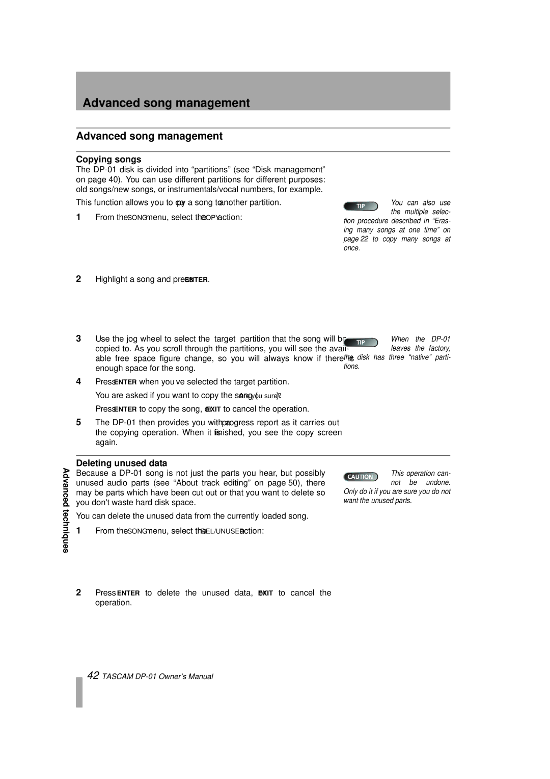 Tascam DP-01FX/CD, D00871320A owner manual Advanced song management, Copying songs, Deleting unused data 