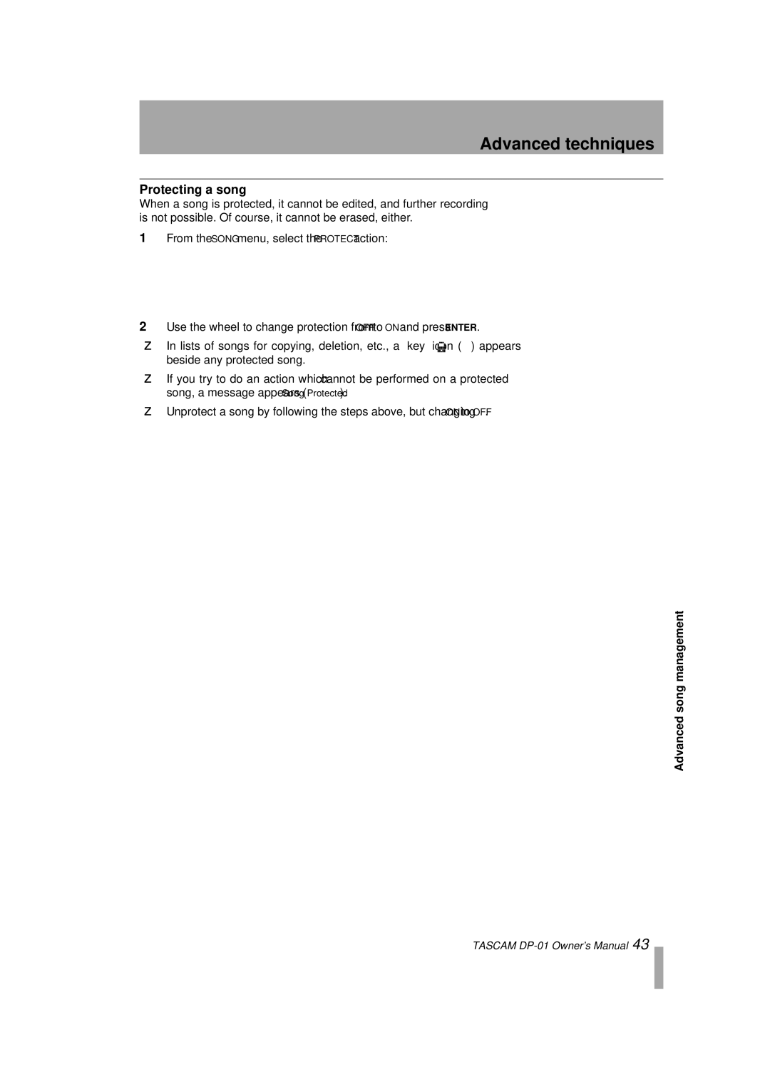 Tascam D00871320A, DP-01FX/CD owner manual Protecting a song 