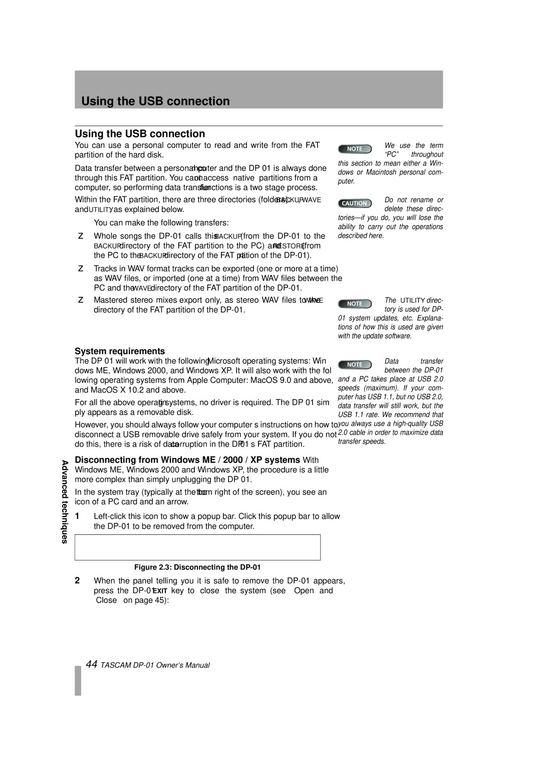 Tascam DP-01FX/CD Using the USB connection, System requirements, Disconnecting from Windows ME / 2000 / XP systems With 