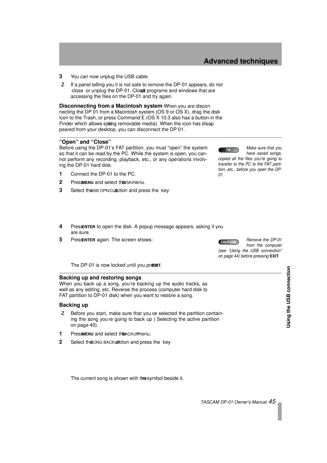 Tascam D00871320A, DP-01FX/CD owner manual Open and Close, Backing up and restoring songs, You can now unplug the USB cable 