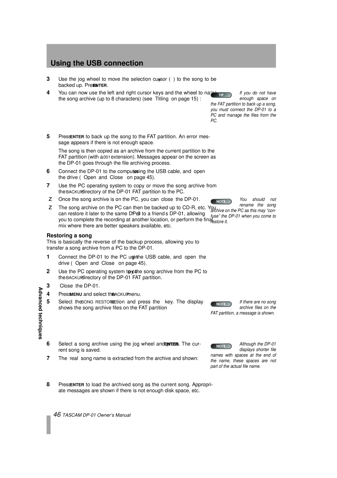 Tascam DP-01FX/CD, D00871320A owner manual Restoring a song, Once the song archive is on the PC, you can close the DP-01 